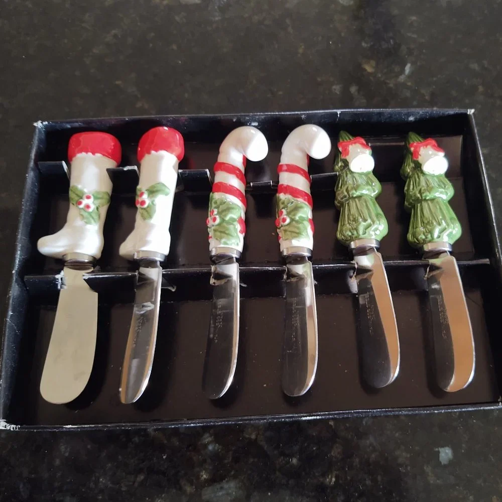 Vintage 1950s 60s Set of Novelty Christmas Theme Butter Spread Knives - Made in